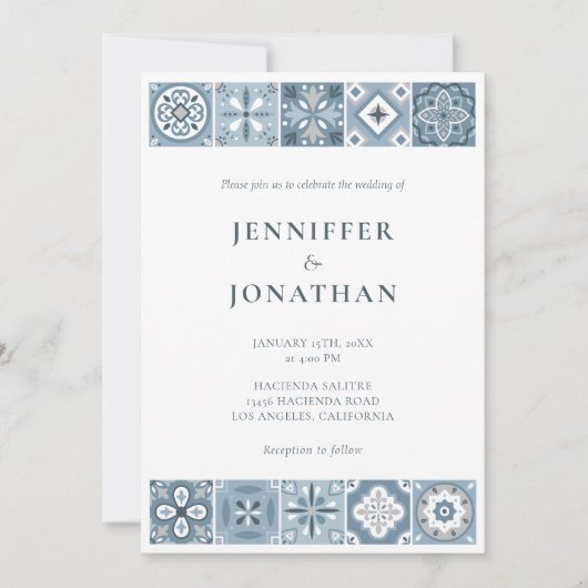 Blauw en grijs Spaans tegels uitnodiging (Voorkant)