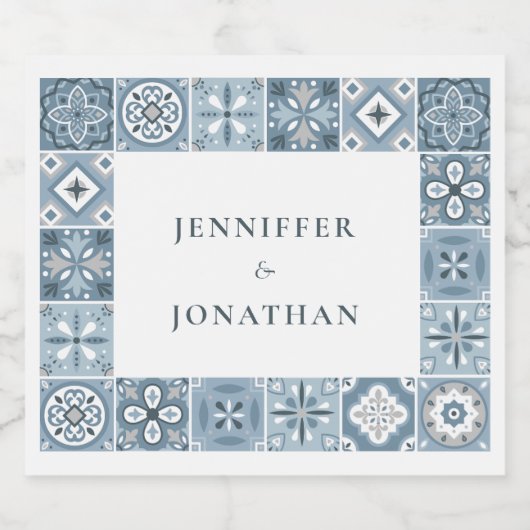 Blauw en grijs Spaans tegels uitnodiging Sparkling Wijnetiket (Enkel label)