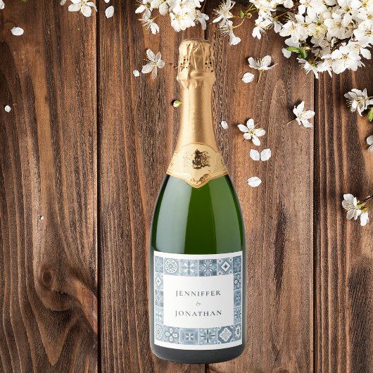 Blauw en grijs Spaans tegels uitnodiging Sparkling Wijnetiket