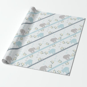 Blauw en grijs stripe olifant Safari   Baby shower Cadeaupapier