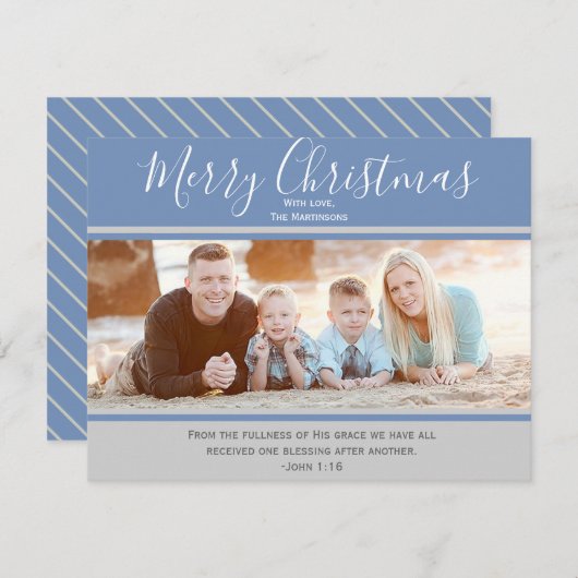 Blauw en grijs Vrolijk Kerstkaart (Voorkant / Achterkant)