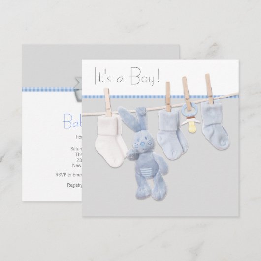 Blauw en grijs waslijn Baby shower Kaart (Voorkant / Achterkant)
