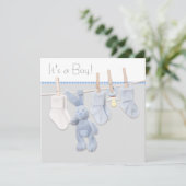 Blauw en grijs waslijn Baby shower Kaart (Staand voorkant)