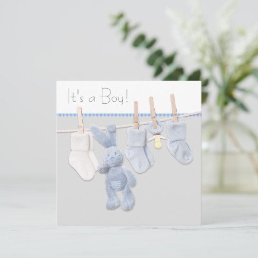 Blauw en grijs waslijn Baby shower Kaart (Staand voorkant)