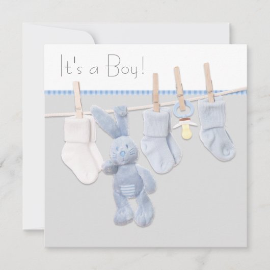 Blauw en grijs waslijn Baby shower Kaart (Voorkant)