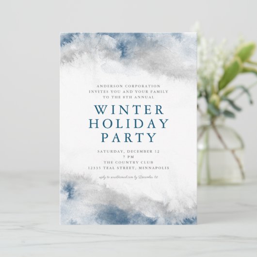 Blauw en Grijs Waterverf Winter Vakantie Party Kaart (Staand voorkant)