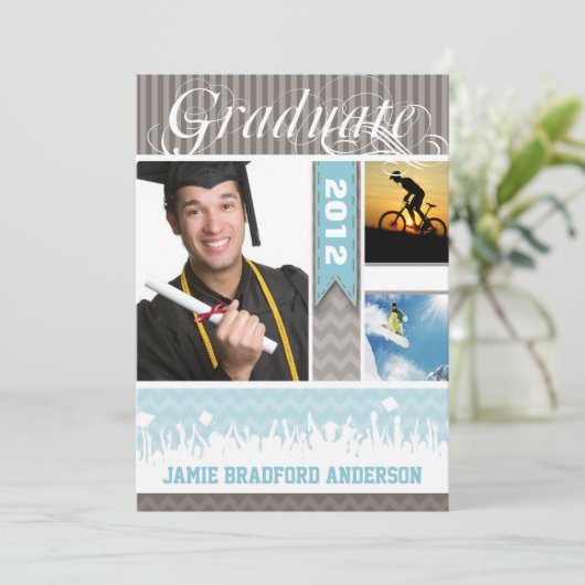 Blauw en grijs Zig Zag Senior 3 Afbeeldingen Klass Aankondiging (Staand voorkant)