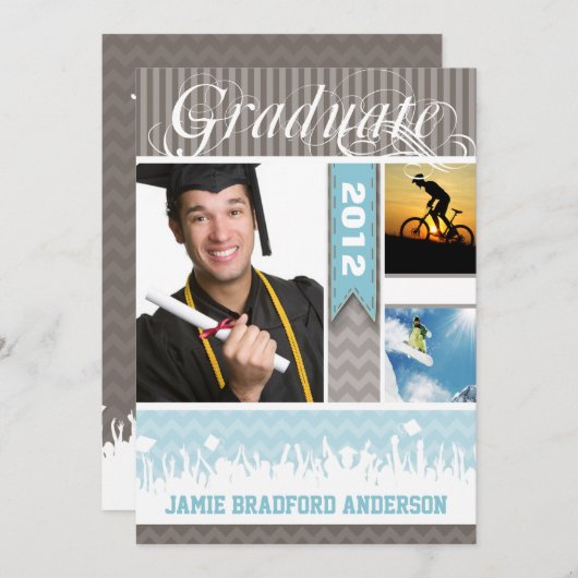 Blauw en grijs Zig Zag Senior 3 Afbeeldingen Klass Aankondiging (Voorkant / Achterkant)