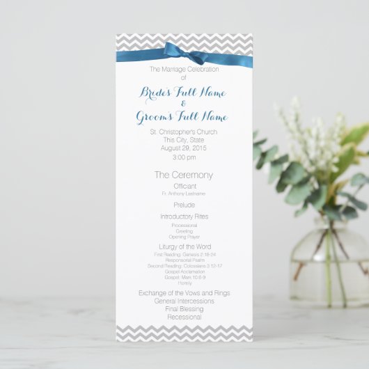 Blauw en Grijs Zigzag Patroon Wedding Programma Programmakaart (Staand voorkant)