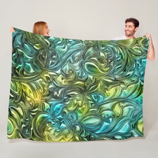 Blauw en Groen Abstract Ontwerp Fleece Deken (In situ)
