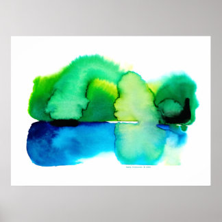 Blauw en Groen Abstract Waterverf Landschap Poster