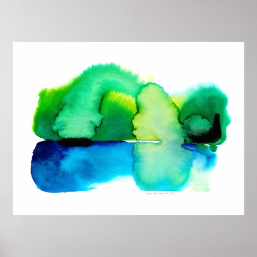 Blauw en Groen Abstract Waterverf Landschap Poster (Voorkant)