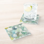Blauw- en Groen Aquarelle Honycomb-patroon Glazen Onderzetter (Schuin)