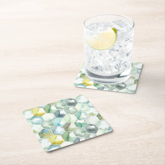 Blauw- en Groen Aquarelle Honycomb-patroon Kartonnen Onderzetters (Insitu)