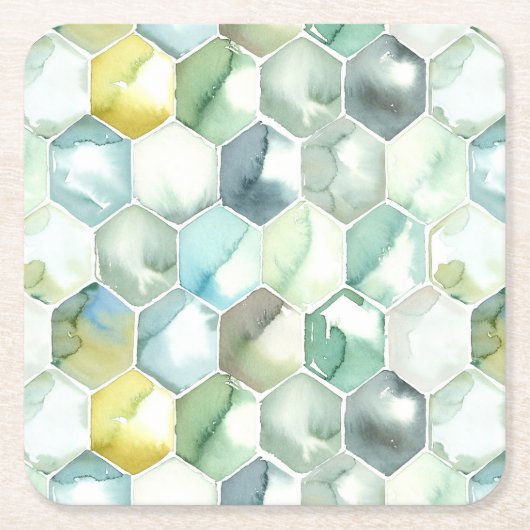 Blauw- en Groen Aquarelle Honycomb-patroon Kartonnen Onderzetters (Voorkant)