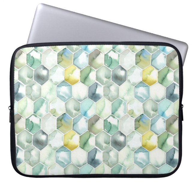 Blauw- en Groen Aquarelle Honycomb-patroon Laptop Sleeve (Voorkant)