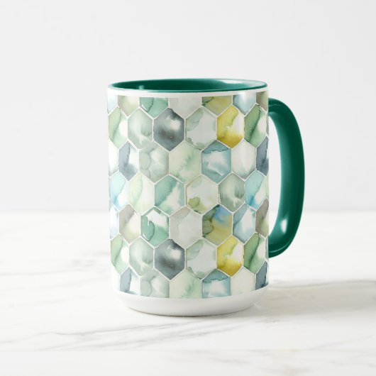 Blauw- en Groen Aquarelle Honycomb-patroon Mok (Voorkant rechts)