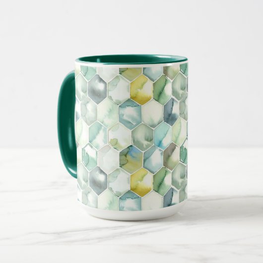 Blauw- en Groen Aquarelle Honycomb-patroon Mok (Voorkant links)