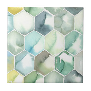 Blauw- en Groen Aquarelle Honycomb-patroon Tegeltje