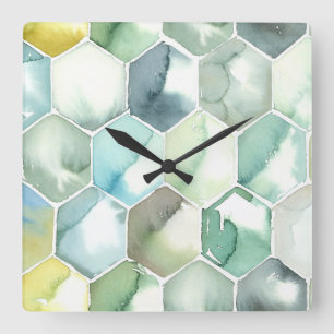 Blauw- en Groen Aquarelle Honycomb-patroon Vierkante Klok