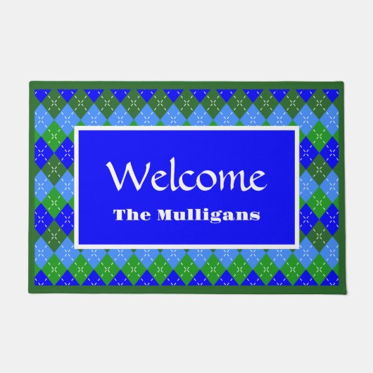 Blauw en groen argyle wit stiksel gepersonaliseerd deurmat (Voorkant)