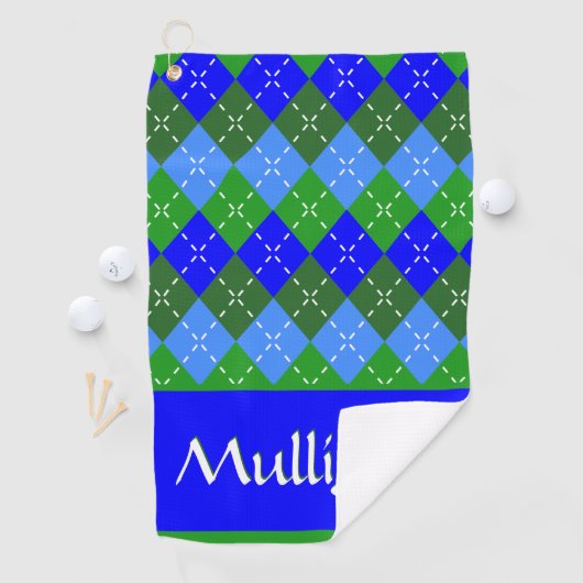 Blauw en Groen Argyle Wit Stitching Gepersonalisee Golfhanddoek (Insitu)