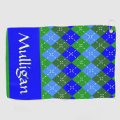 Blauw en Groen Argyle Wit Stitching Gepersonalisee Golfhanddoek (Horizontaal)