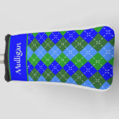 Blauw en Groen Argyle Wit Stitching Gepersonalisee Golfheadcover (Voorkant)