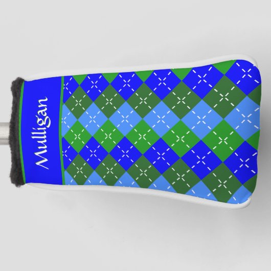Blauw en Groen Argyle Wit Stitching Gepersonalisee Golfheadcover (Voorkant)