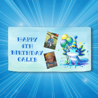 Blauw en groen Axolotl Boy's Verjaardagsfeest Spandoek