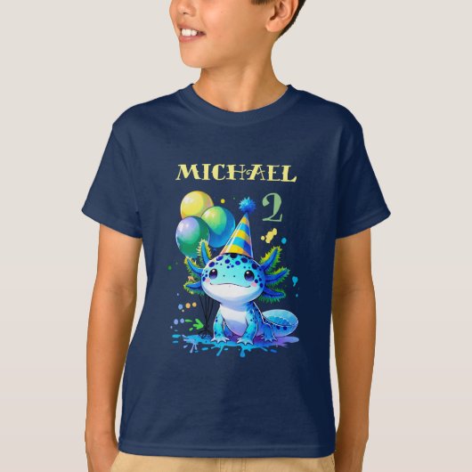 Blauw en groen Axolotl Boy's Verjaardagsfeest T-shirt (Voorkant)