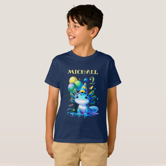 Blauw en groen Axolotl Boy's Verjaardagsfeest T-shirt (Voorkant volledig)