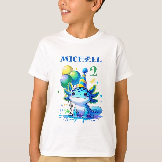 Blauw en groen Axolotl Boy's Verjaardagsfeest T-shirt (Voorkant)