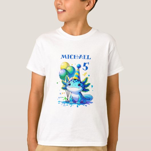Blauw en groen Axolotl Boy's Verjaardagsfeest T-shirt (Voorkant)