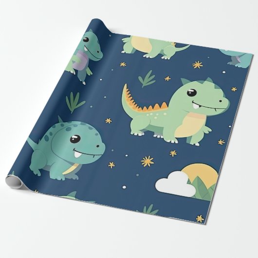Blauw en groen Baby dinosauruspatroon Cadeaupapier (Uitgerold)