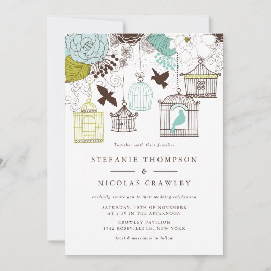 Blauw en Groen  Birdcages Floral Wedding Kaart (Voorkant)