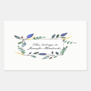 Blauw en Groen Blad Versierde Boekplaat Rechthoekige Sticker