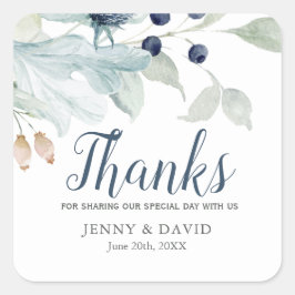 Blauw en Groen Bladblad voor Winter Thema Bruiloft Vierkante Sticker