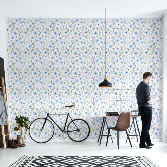 Blauw en Groen Bloemen | Behang (Woonkamer)