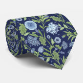 Blauw en Groen Bloemen Mughal Blok Print Stropdas (Opgerold)