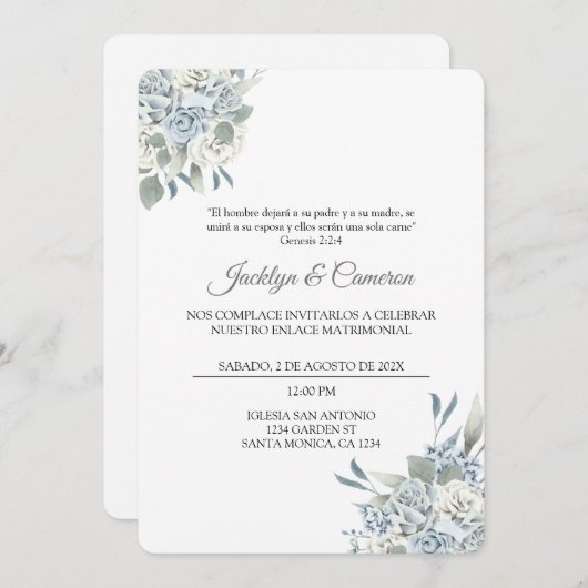 Blauw en groen Bloemen Spaans Bruiloft Uitnodiging (Voorkant / Achterkant)