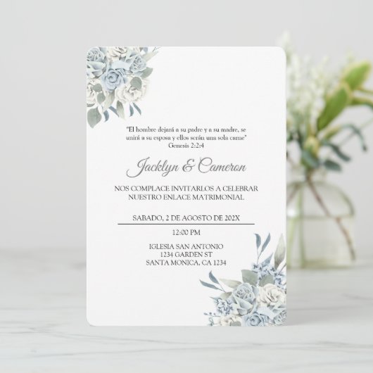 Blauw en groen Bloemen Spaans Bruiloft Uitnodiging (Staand voorkant)