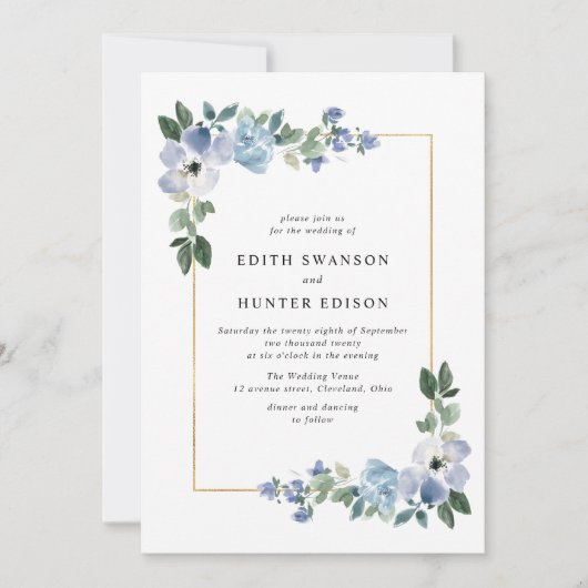 blauw en groen bloemenbruiloft lijst kaart (Voorkant)