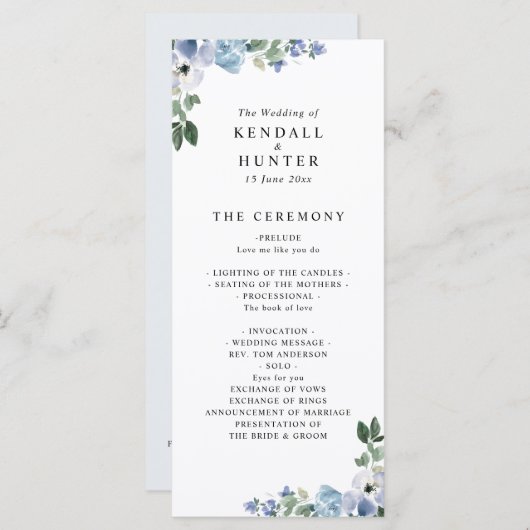 Blauw en groen bloemenbruiloft programma programmakaart (Voorkant / Achterkant)