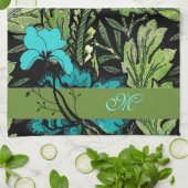 Blauw en groen  bloemenmonogram theedoek (Gevouwen)