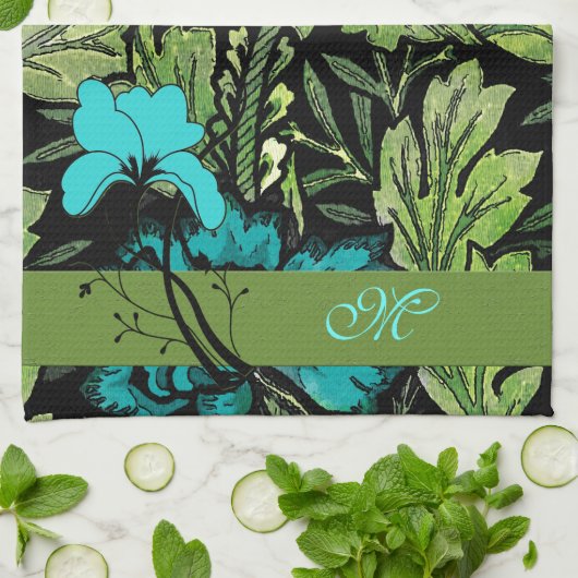 Blauw en groen bloemenmonogram theedoek (Gevouwen)