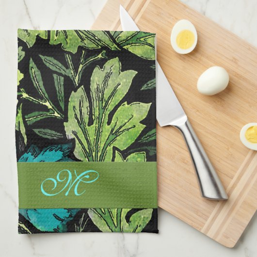 Blauw en groen bloemenmonogram theedoek (Quarter Fold)