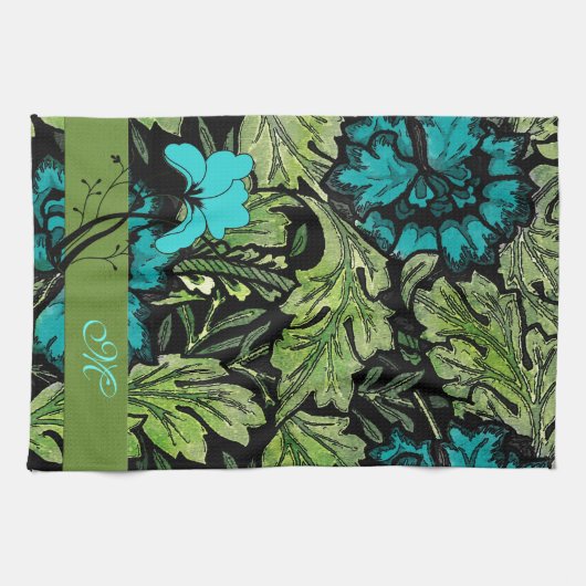 Blauw en groen bloemenmonogram theedoek (Horizontaal)