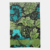 Blauw en groen bloemenmonogram theedoek (Verticaal)