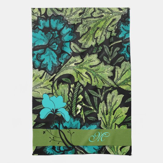 Blauw en groen  bloemenmonogram theedoek (Verticaal)